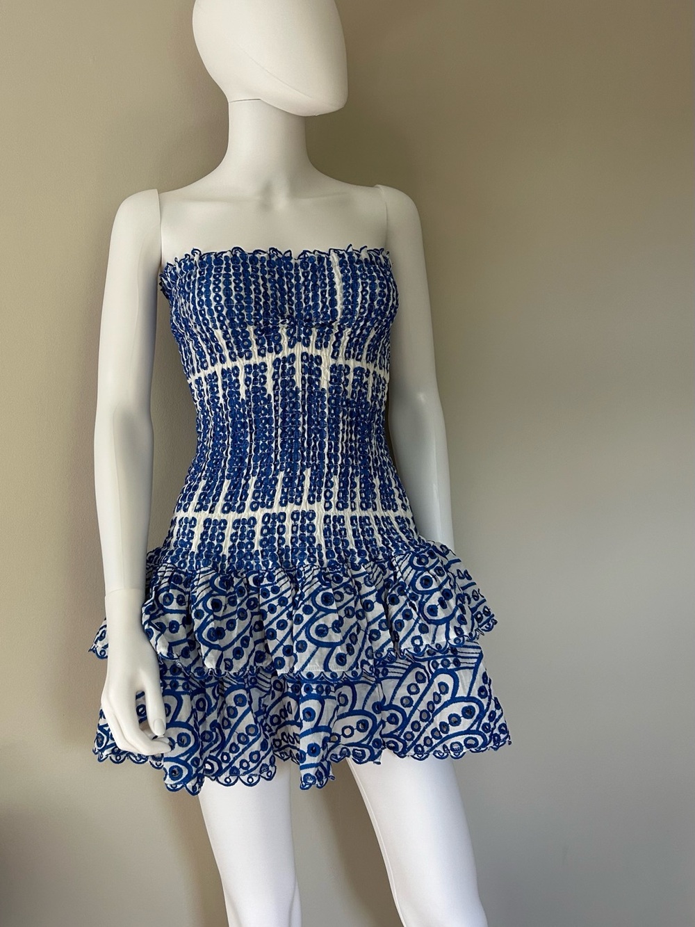 Catchall Rosemary Blue White Embroidered Smocked Ruffle Mini Dress Size S Resort